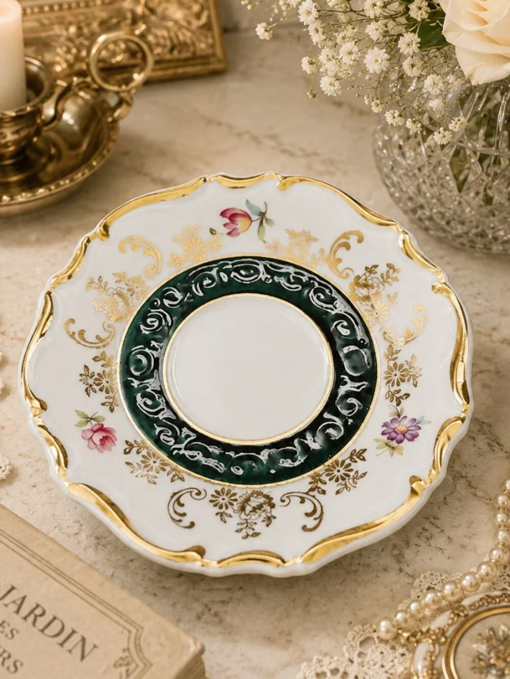 Vintage Bavaria Demitasse Emerald and Gold Hand Painted Teacup and Saucer Set